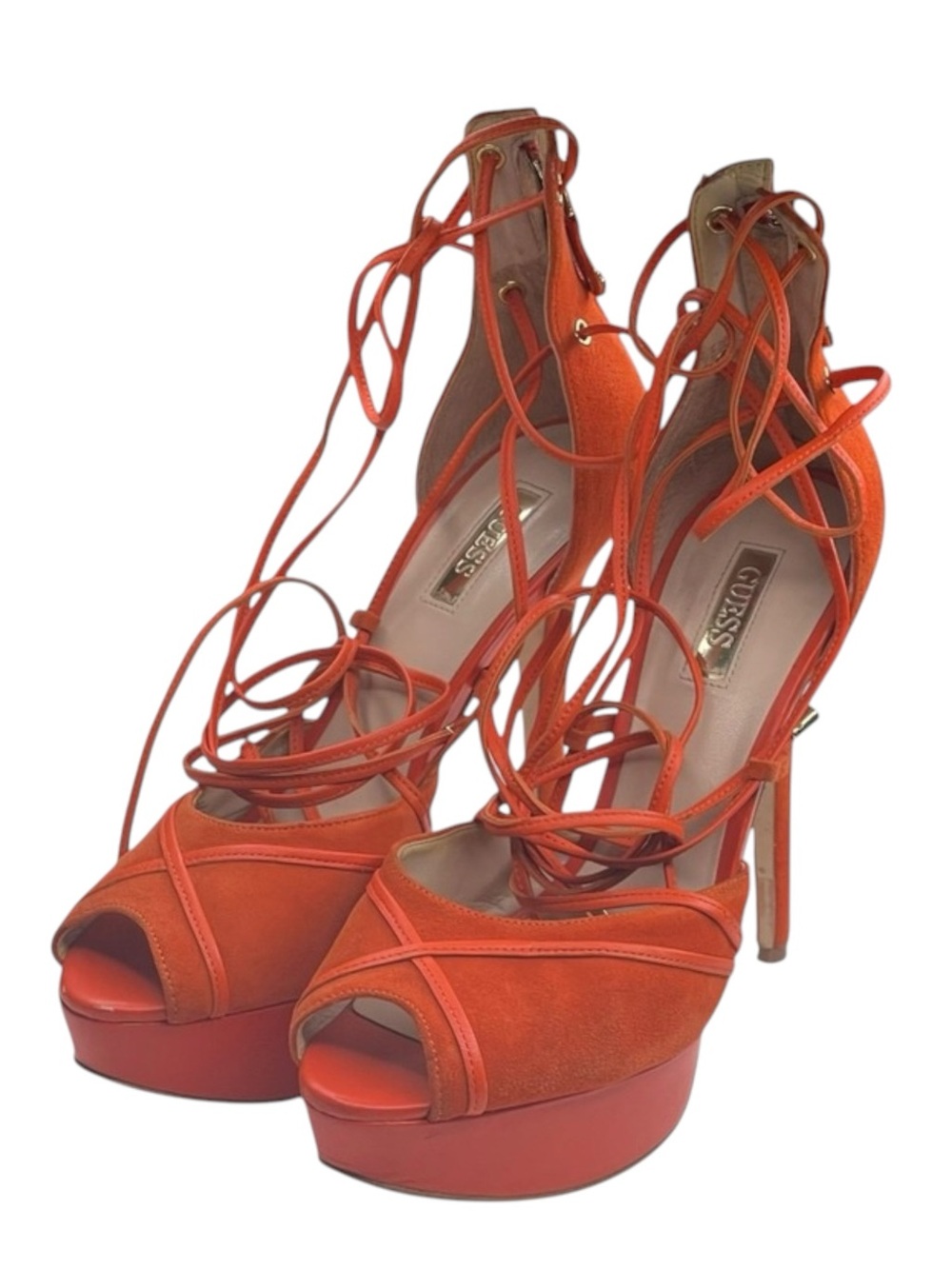 Guess ᯾ Raja Ankle Wrap Platform Stiletto Peep Toe Heels ᯾ Orange Suede ᯾ 8M - Picture 8 of 16